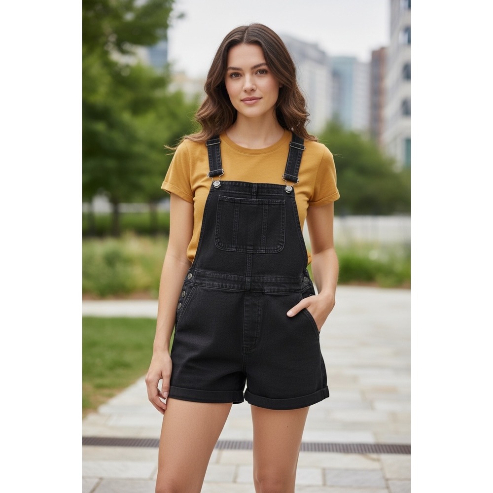 Madewell Denim Short Overalls Black Wash Raw Hem XL Women's Shortalls